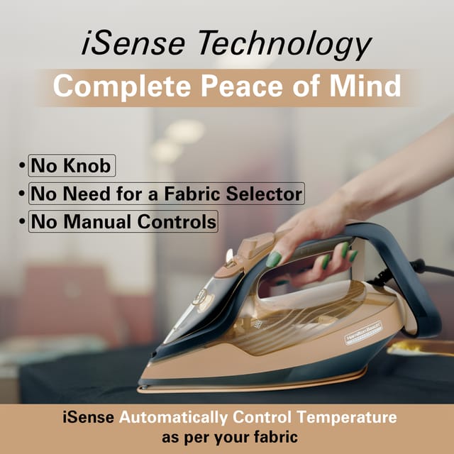 Hamilton Beach Fully-Automatic Steam Iron with iSense Technology, Steam Iron, Intelligent Auto-Temp, iron for clothes, Ceramic-Coated Soleplate with 5-Year Warranty, Auto Standby, 45g/min Steam, Gold
