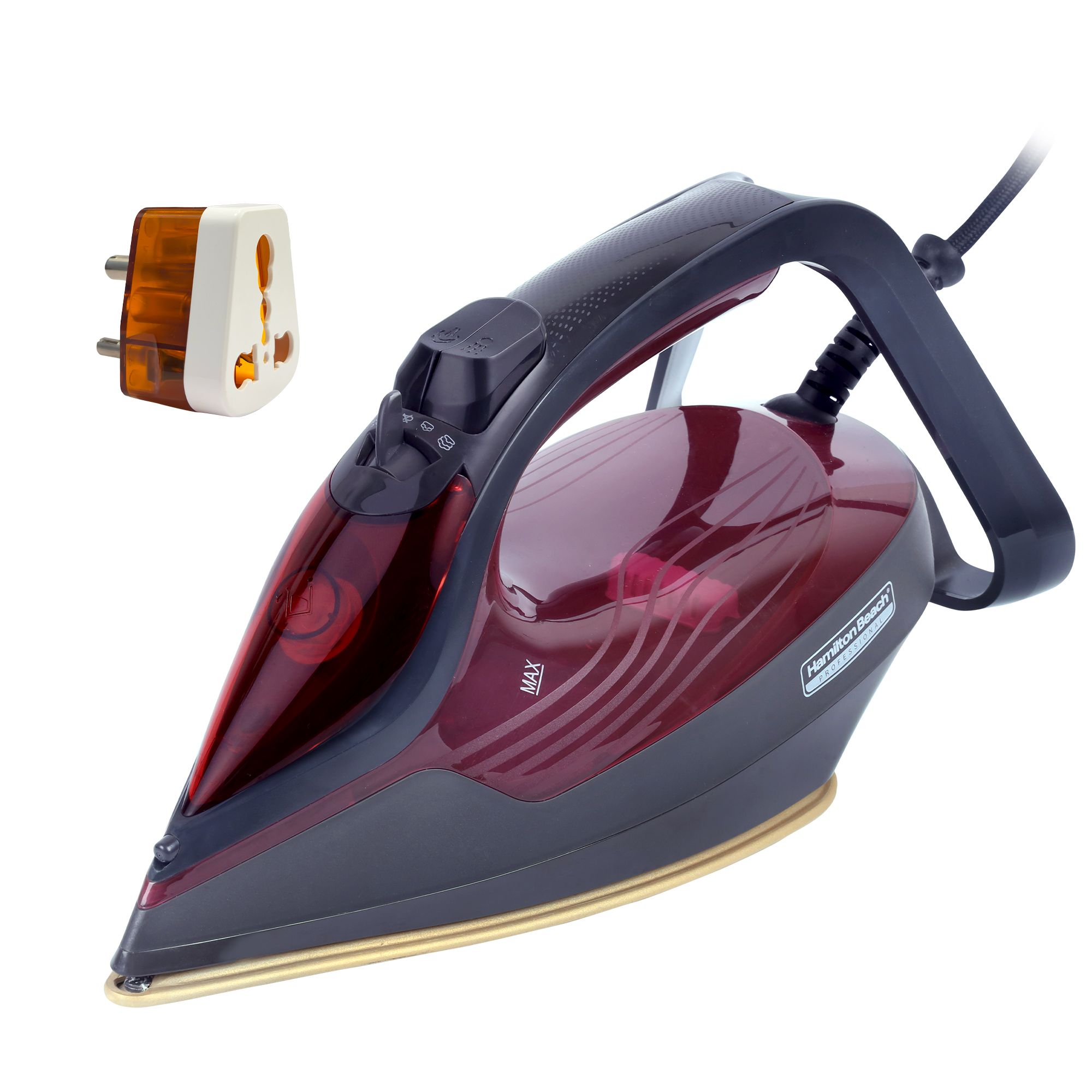 Hamilton Beach Fully-Automatic Steam Iron with iSense Technology, Steam Iron, Intelligent Auto-Temp, iron for clothes, Ceramic-Coated Soleplate with 5-Year Warranty, Auto Standby, 45g/min Steam, Red